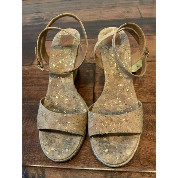 Tory Burch Tan & Gold Cork Strappy Wedge Espadrille Heels, Size 9.5 (US) - Picture 1 of 9